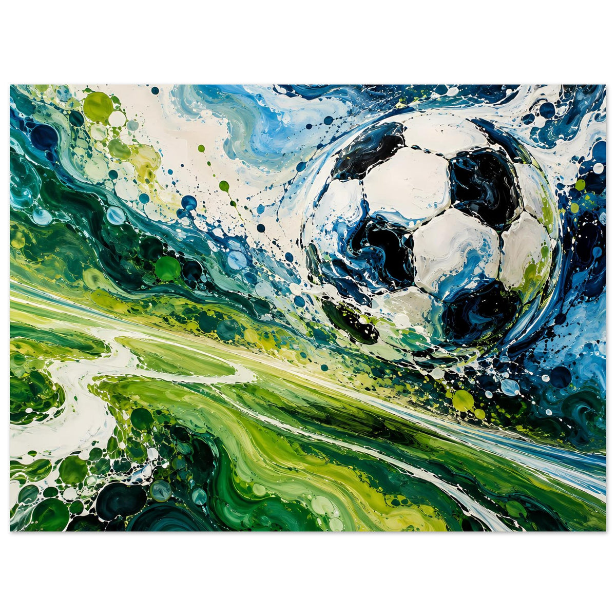 Kunstdruck im Querformat mit abstraktem Fußball, viel Blau und Grün, Spritz-Details