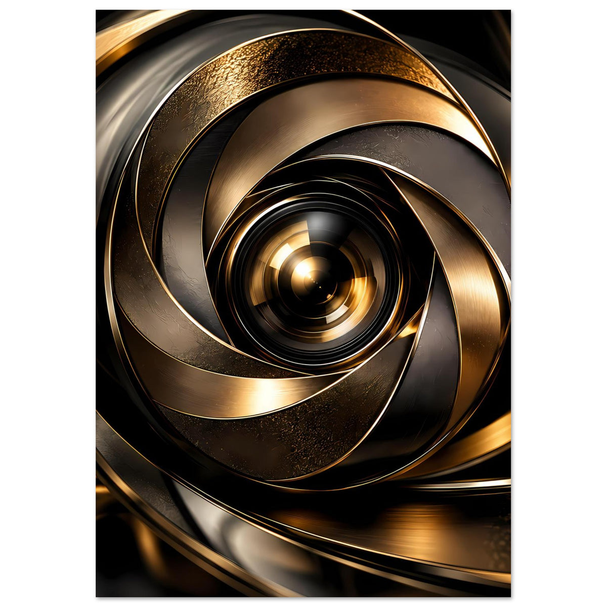 Abstraktes Poster (Hochformat) mit spiraligem Lichtkreis in Gold und Schwarz