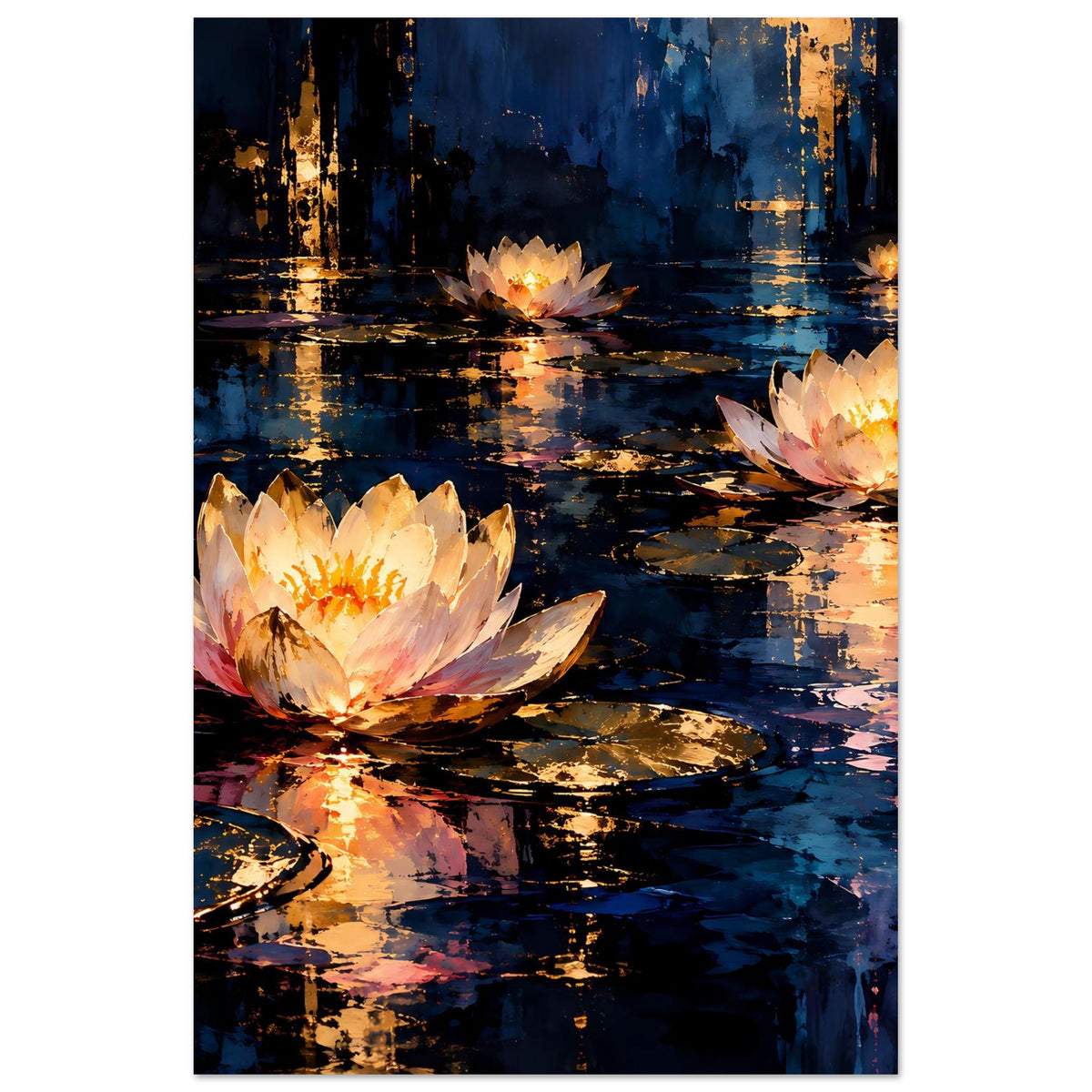 Vertikales Blumenposter mit leuchtender Seerose im Vordergrund, Blau-Gold-Wasser