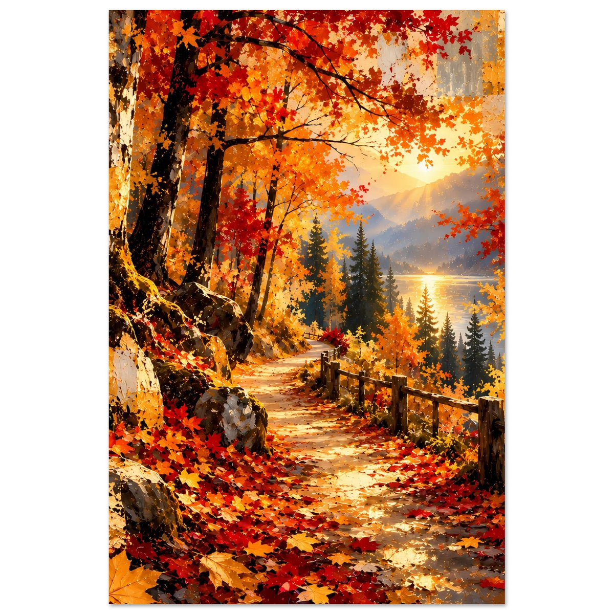 Herbstliches Wanderweg-Poster im Hochformat mit goldenem Waldweg, Bäumen und Licht