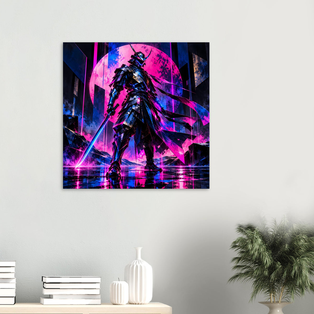 Neon-Cyberpunk-Poster im Querformat: Samurai-Krieger in Pink und Blau, klein an der Wand