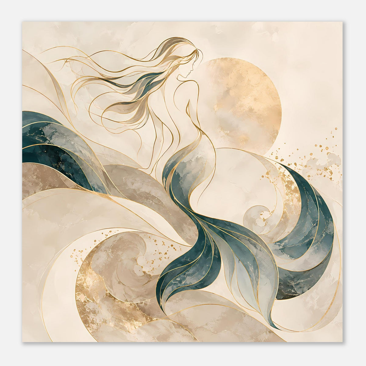 Fantasy-Kunstposter Meerjungfrau: pastell-creme, türkisgrün, goldene Kreise und Punkte