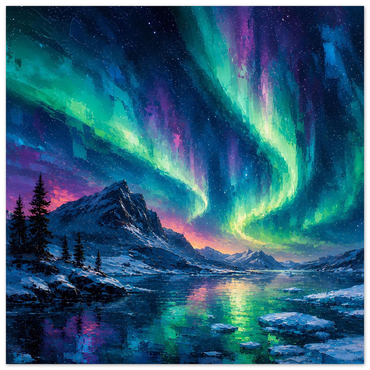 Fine-Art-Poster mit Polarlicht über verschneiten Bergen und Fluss, Spiegelungen im Wasser