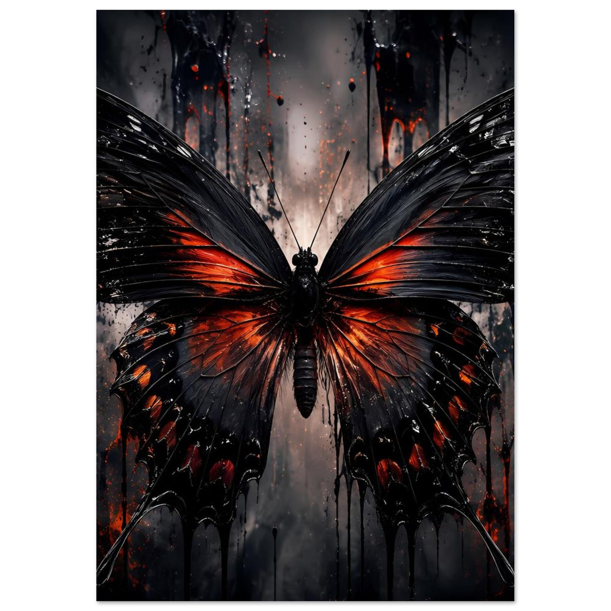 Schmetterlingsposter: schwarz glänzende Flügel mit orange-roten Glutdetails, zentriert