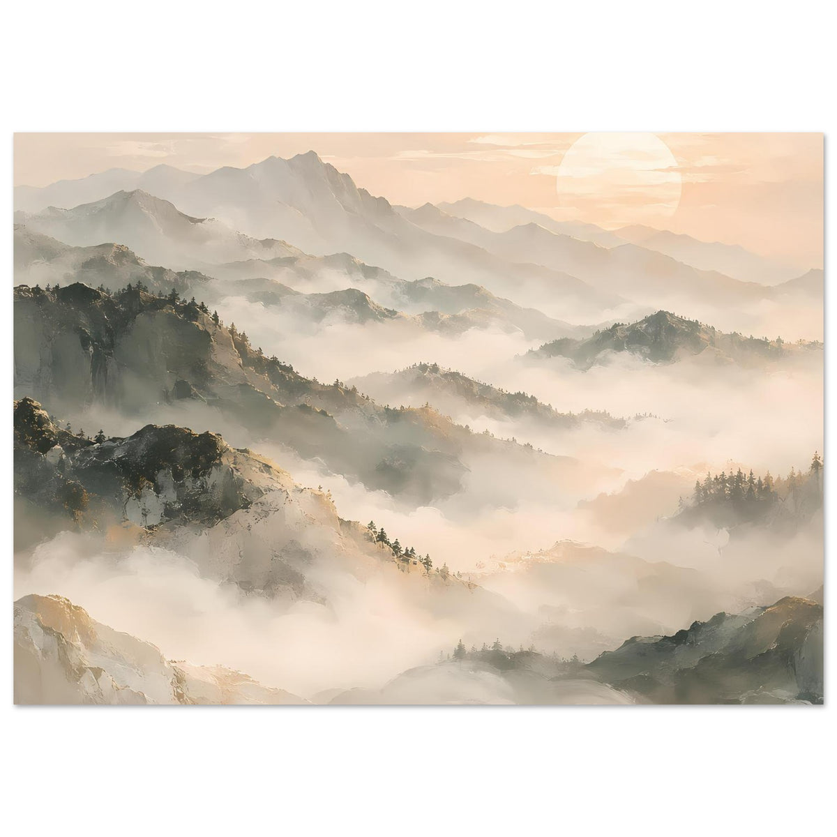 Bergposter mit bewaldeten Hängen und dichter Nebellandschaft, matt, quer