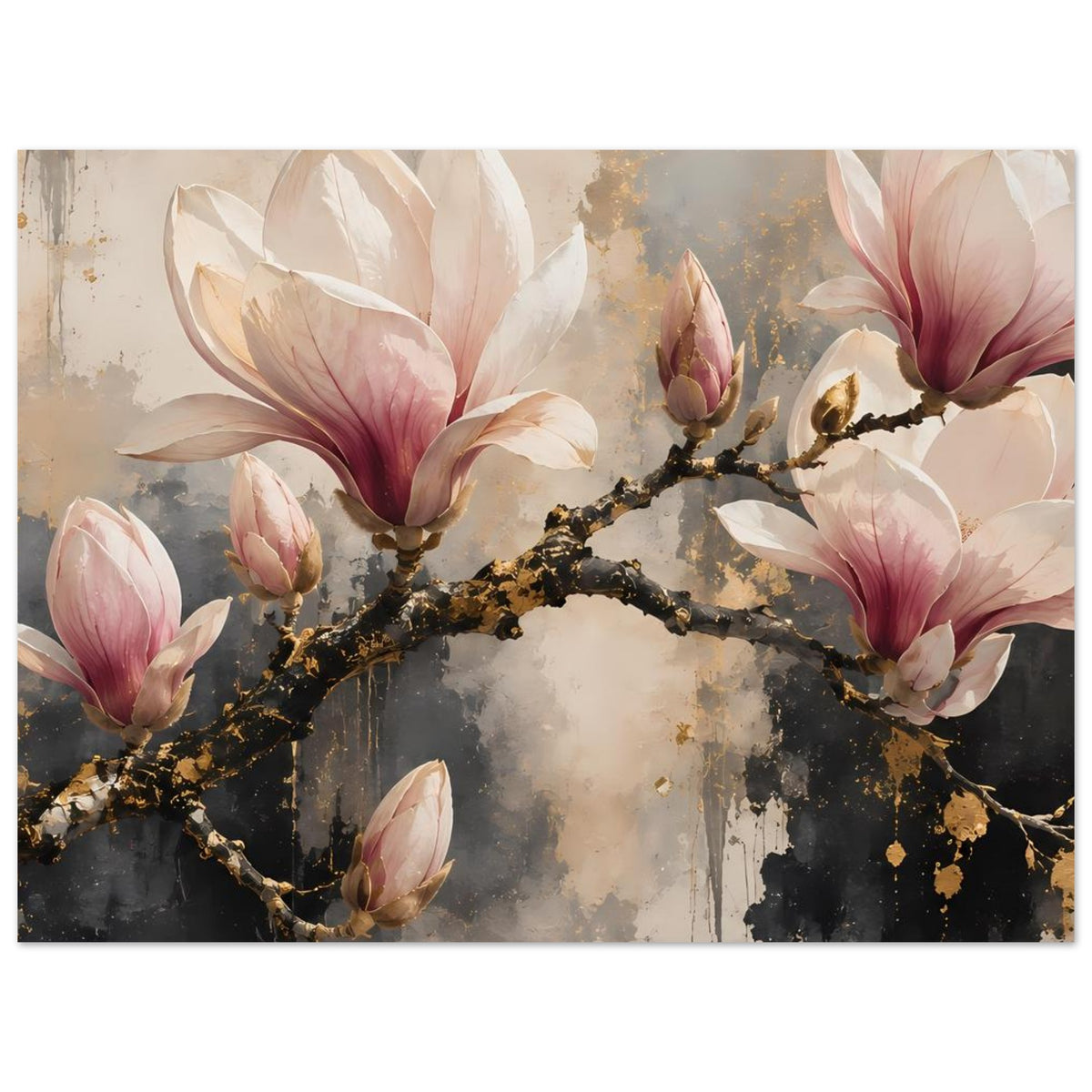 Poster mit Magnolienblüten auf goldakzentuiertem Ast, abstraktes Blütenmuster