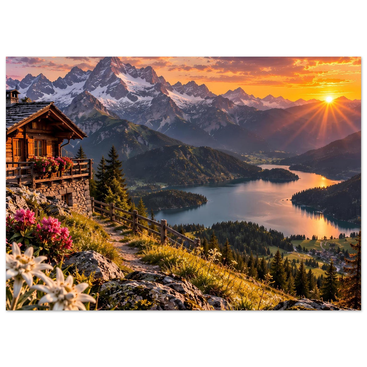 Poster mit Alpenlandschaft: Chalet am Berghang, Berggipfel, See bei Sonnenuntergang und Blumen
