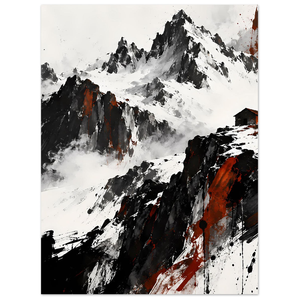 Poster Berggipfel in Schwarz‑Weiß mit roten Akzentflächen, vertikal