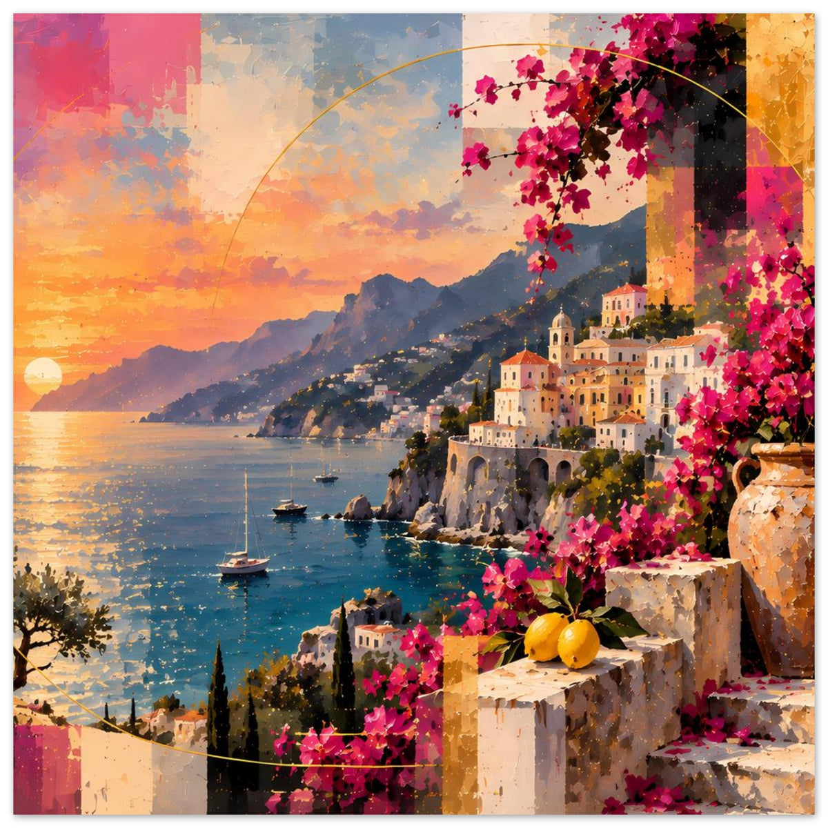 Poster im Querformat: Sonnenuntergang an der Küste mit Booten, Stadt am Hang, pinke Bougainvillea