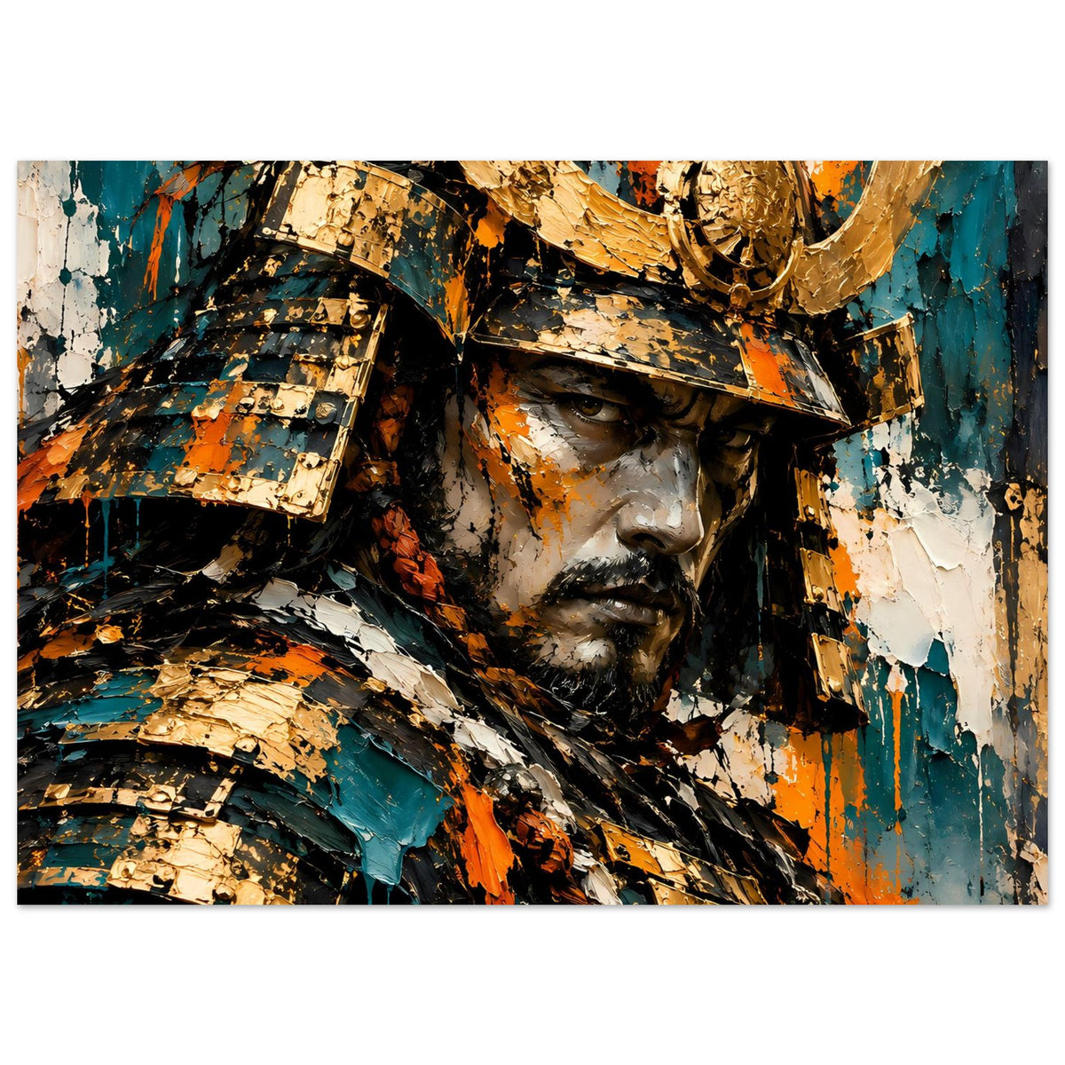 Poster querformat: Samurai-Krieger, goldene Rüstungsteile, türkise Flächen, orange Spritzer