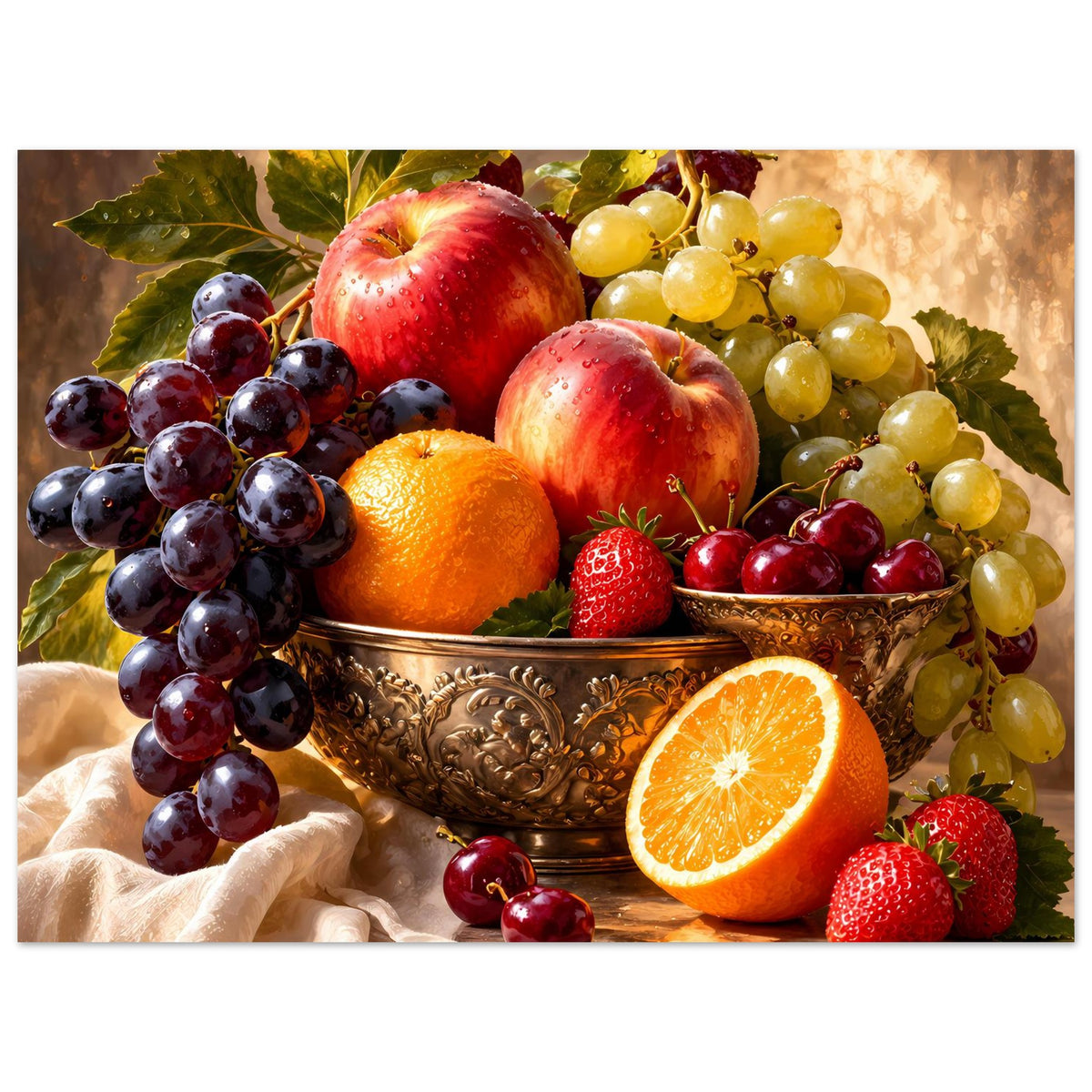 Obst-Stillleben-Poster im Querformat: Früchte in Kupferschale mit Trauben, Äpfeln und Beeren