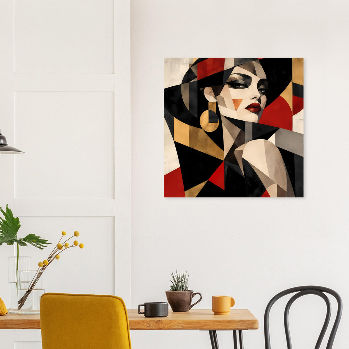 Quadratisches Leinwandbild mit abstraktem Frauenporträt, rote, schwarze und goldene Flächen
