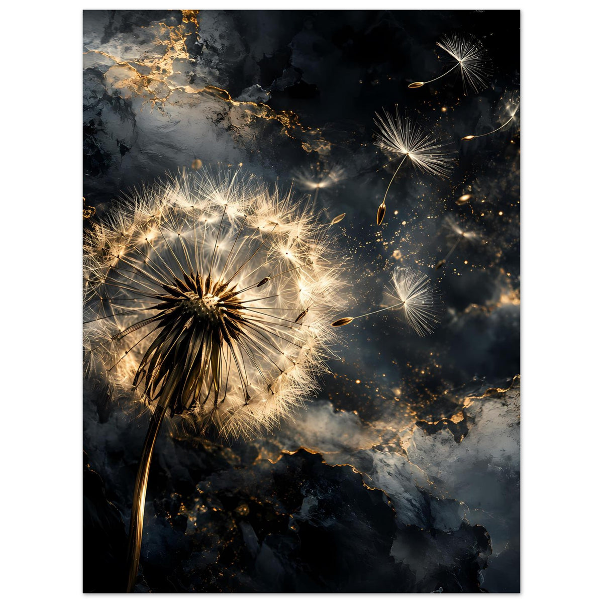 Premium-Mattposter mit goldener Pusteblume und leuchtenden Punkten auf dunklem Muster