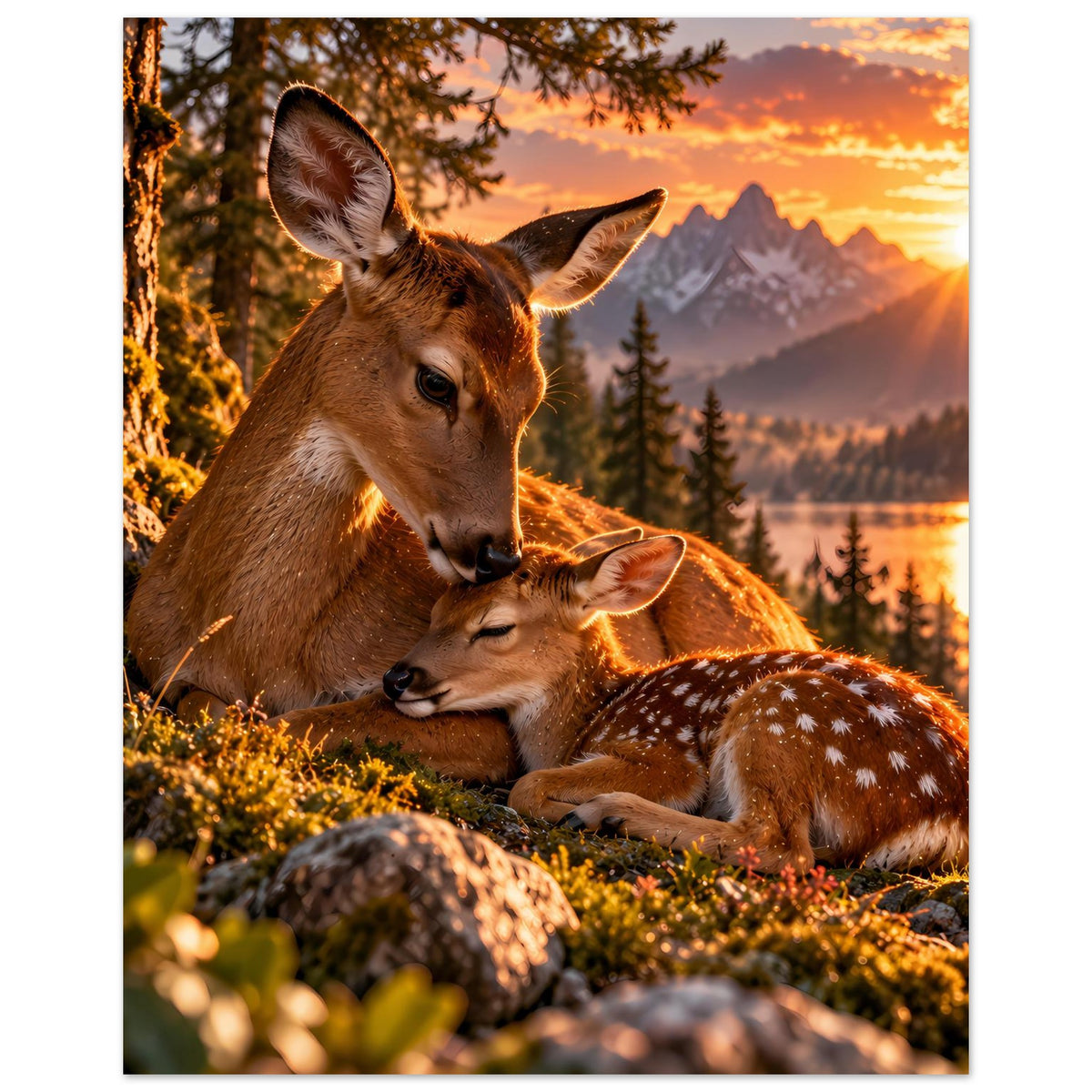Poster im Hochformat: Hirsch und junges Reh liegen im Gras, Sonnenuntergang und Fichtenwald