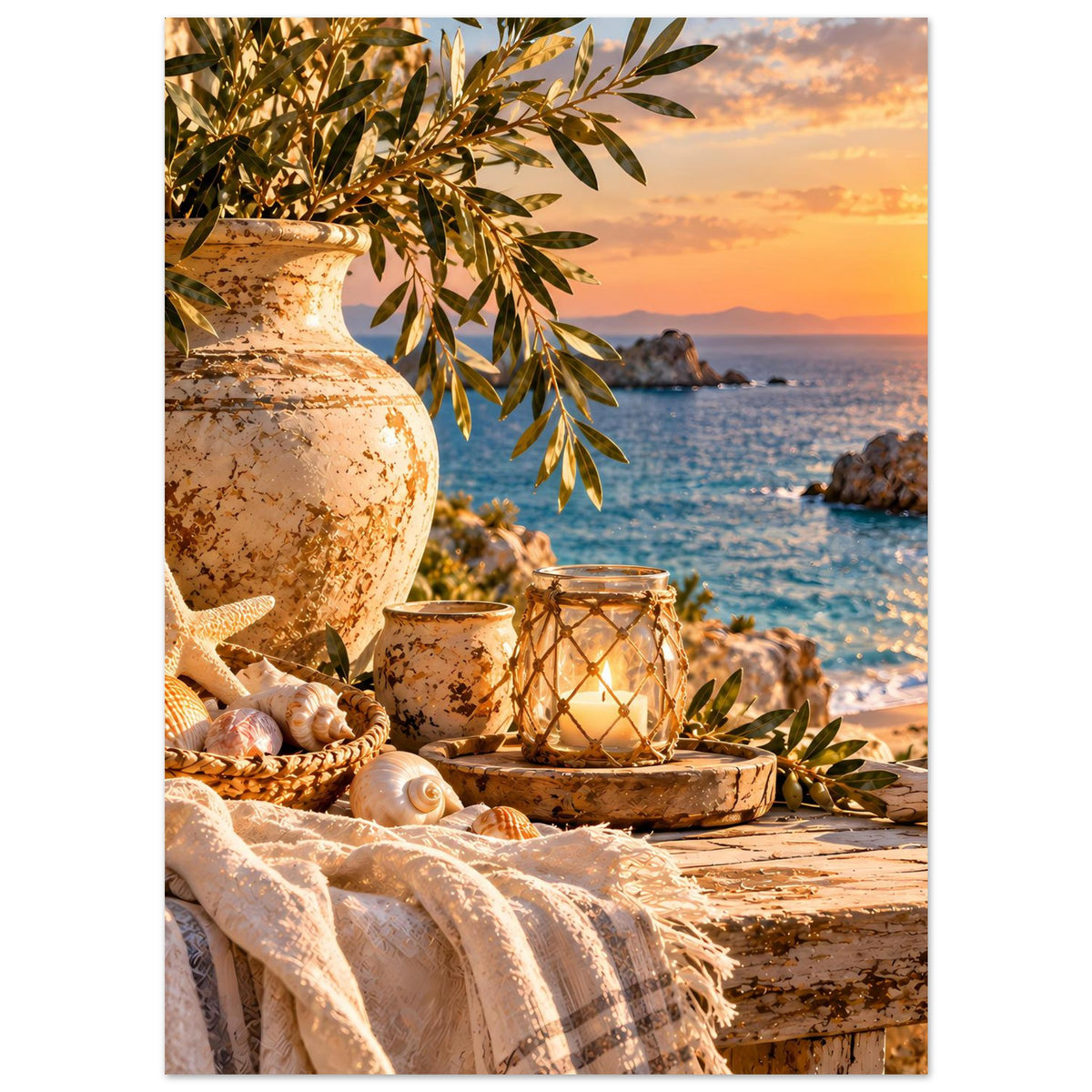 Mediterranes Küstenstillleben: Keramikgefäß, Windlichter, Olivenzweige, Muscheln und Tuch