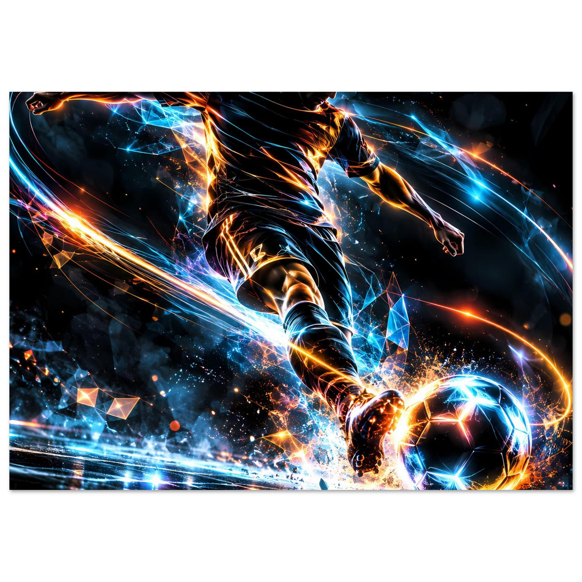 Fußball-Actionposter (Querformat) mit Ball im Vordergrund, Neonlinien in Blau/Orange