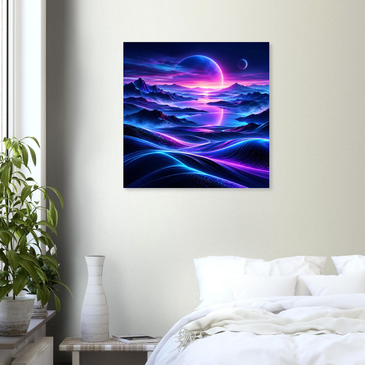 Quadratisches leuchtendes Neon-Weltraum-Poster mit Planet und Wellen aus Licht