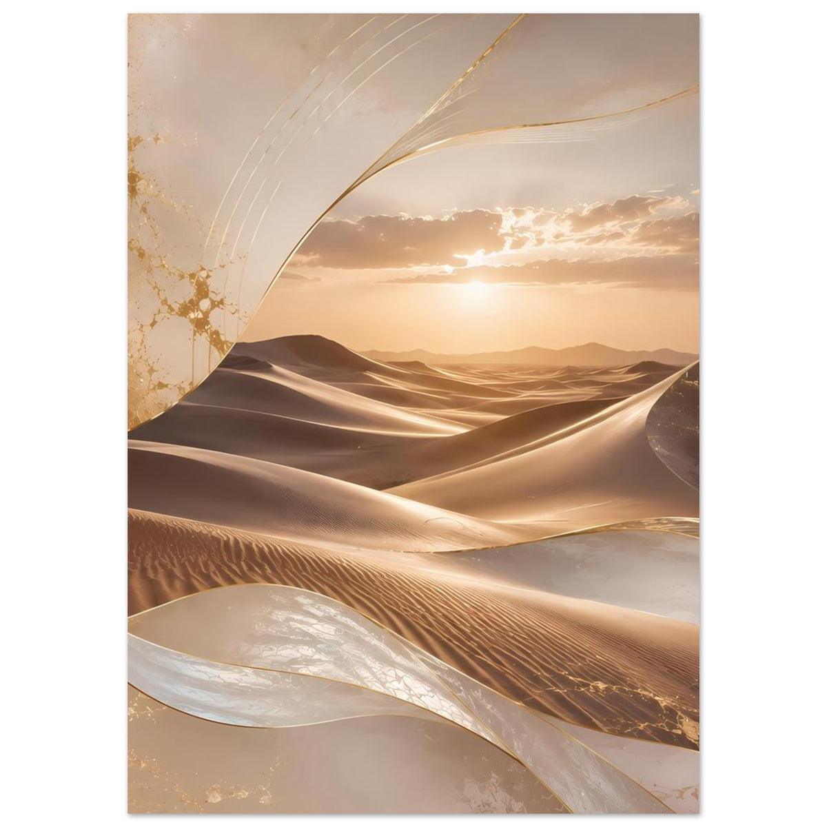Wüsten-Poster mit gebogenen Dünen und goldenen Lichtlinien, warmes Beige, vertikal