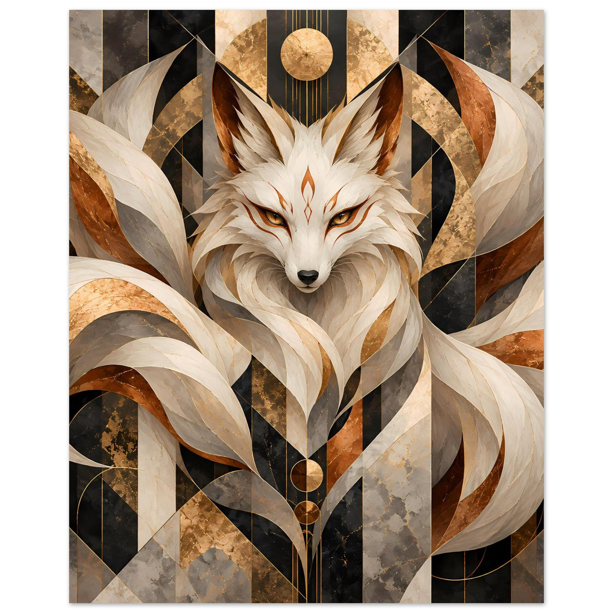 Geometrisches Poster: zentraler Fuchs mit goldenem Kreis über schwarzem Ornament