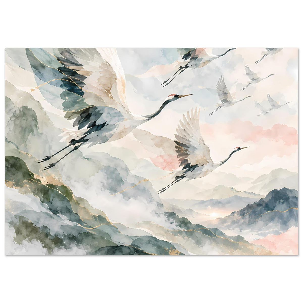 Poster mit fliegenden Kranichen in Aquarellfarben und Goldakzenten über Berglandschaft