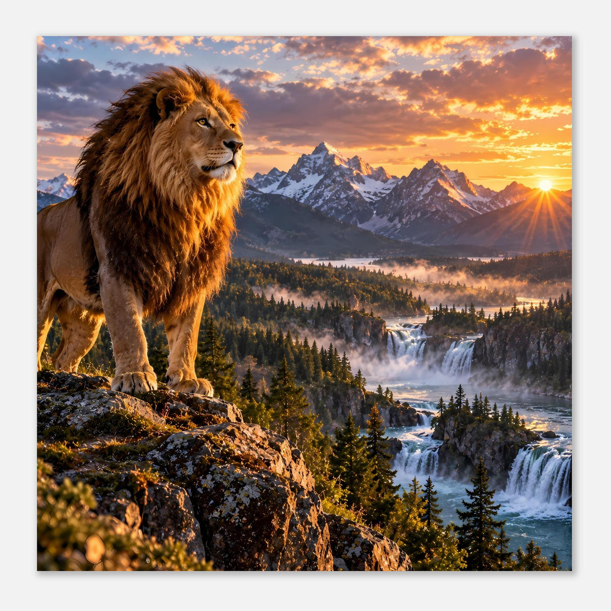 Poster im Querformat: Löwe am Felsen vor Kiefernwald, Bergen und Sonnenaufgang