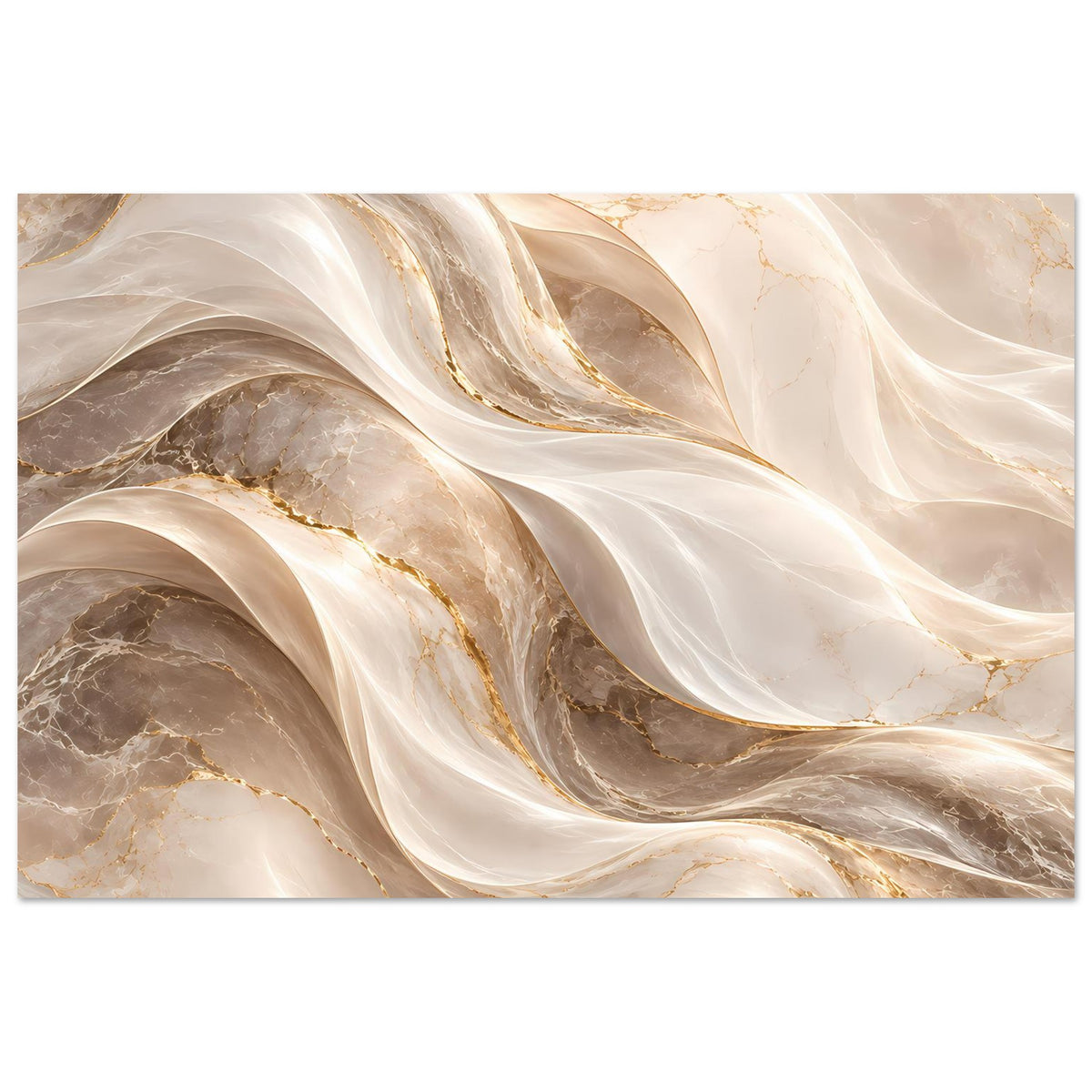 Abstraktes Wellen-Poster in Creme, Gold und Grau, fließendes Muster, horizontal