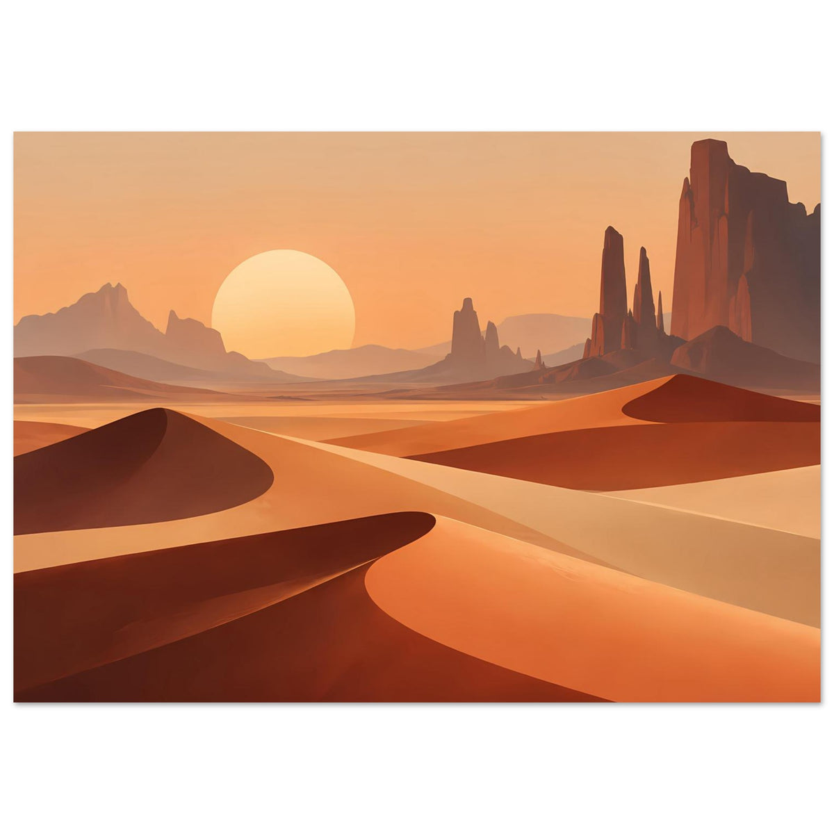 Horizontales Poster mit Wüstenlandschaft in Orange und Sand, Sonne über Dünen.