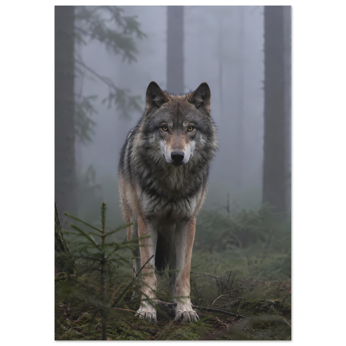 Wolfsposter im vertikalen Format mit aufrechtem Wolf und dichtem Waldmotiv im Hintergrund.