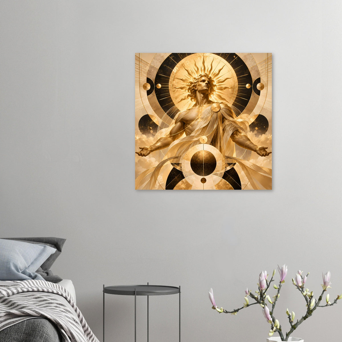 Quadratisches Poster mit goldener Engel-Figur, Sonnenhalo und großem Kreisornament unten