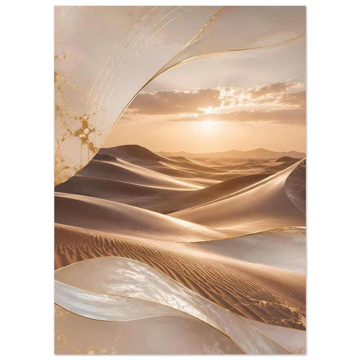 Wüsten-Poster mit gebogenen Sandstrukturen und goldenen Linien, warme Beige-Töne, vertikal