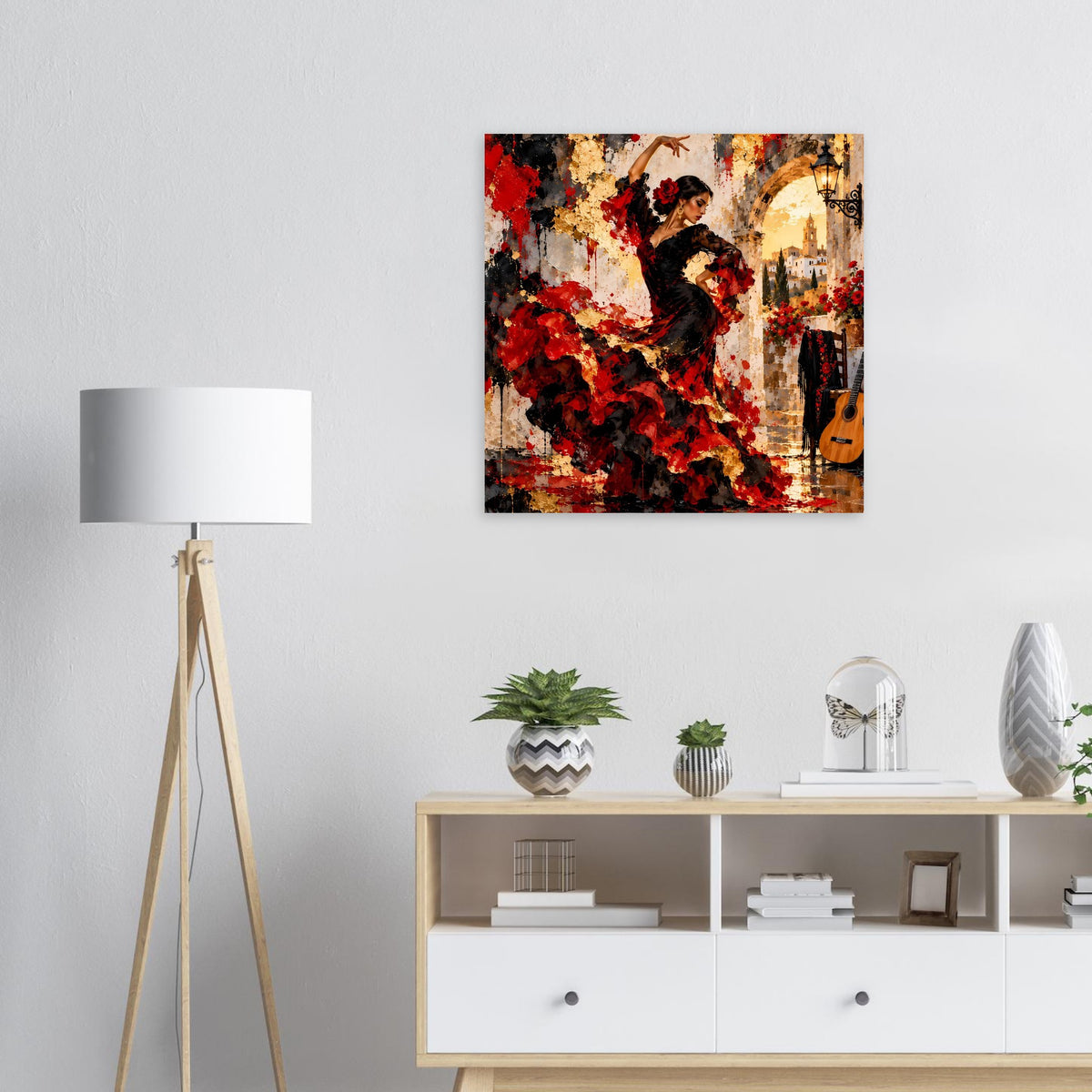 Poster mit Flamenco-Tänzerin in Rot und Schwarz, abstrakte Punkte und Flächen, Gitarre
