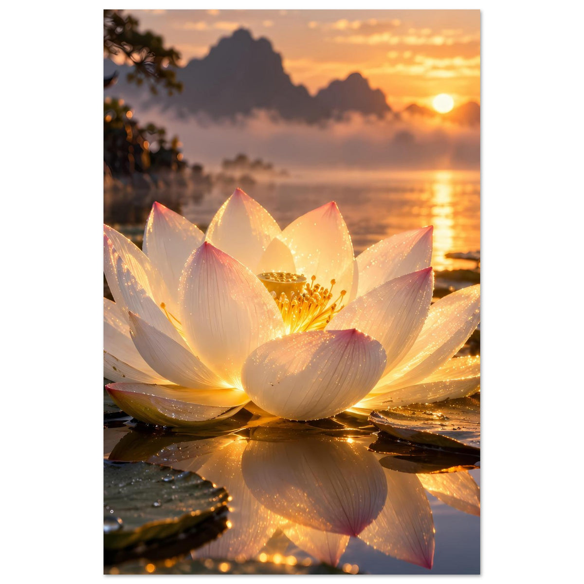 Hochformatiges Poster mit weißer Lotusblüte, goldene Staubfäden, mehrere Blüten im Vordergrund
