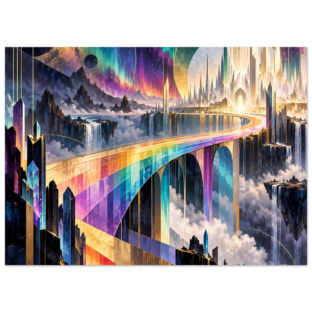 Horizontales Fantasy-Poster mit Regenbogenbrücke, leuchtender Stadt und schwebenden Inseln