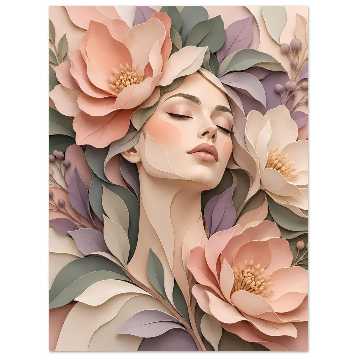 Poster im Hochformat mit floraler Frauenfigur, geschlossene Augen, sanfte Pastelltöne