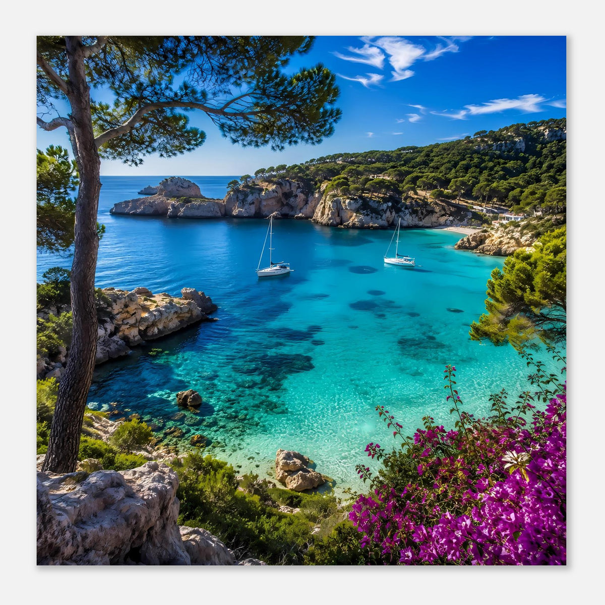 Küstenposter: türkisblaues Wasser mit Segelbooten, felsige Bucht, Pinien und violette Blütenfront.