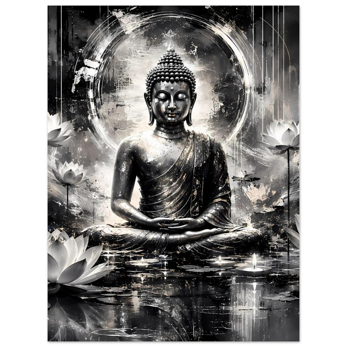 Buddha-Kunstposter im Schwarzweiß: sitzender Buddha mit Kreis-Halo und Lotusblüten