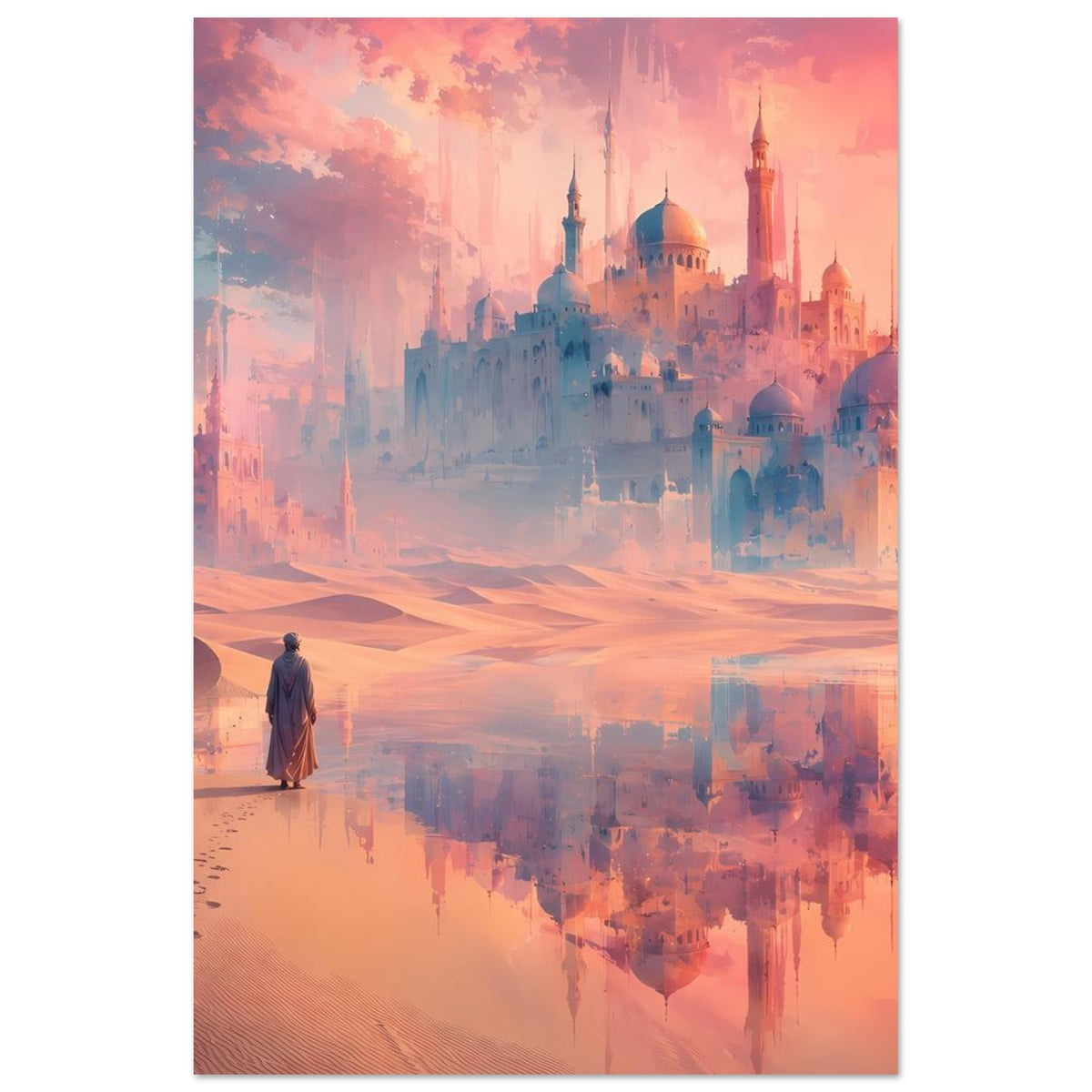 Poster Hochformat: Palast mit Kuppeln und Minaretten über Sanddünen, rosa-oranges Licht
