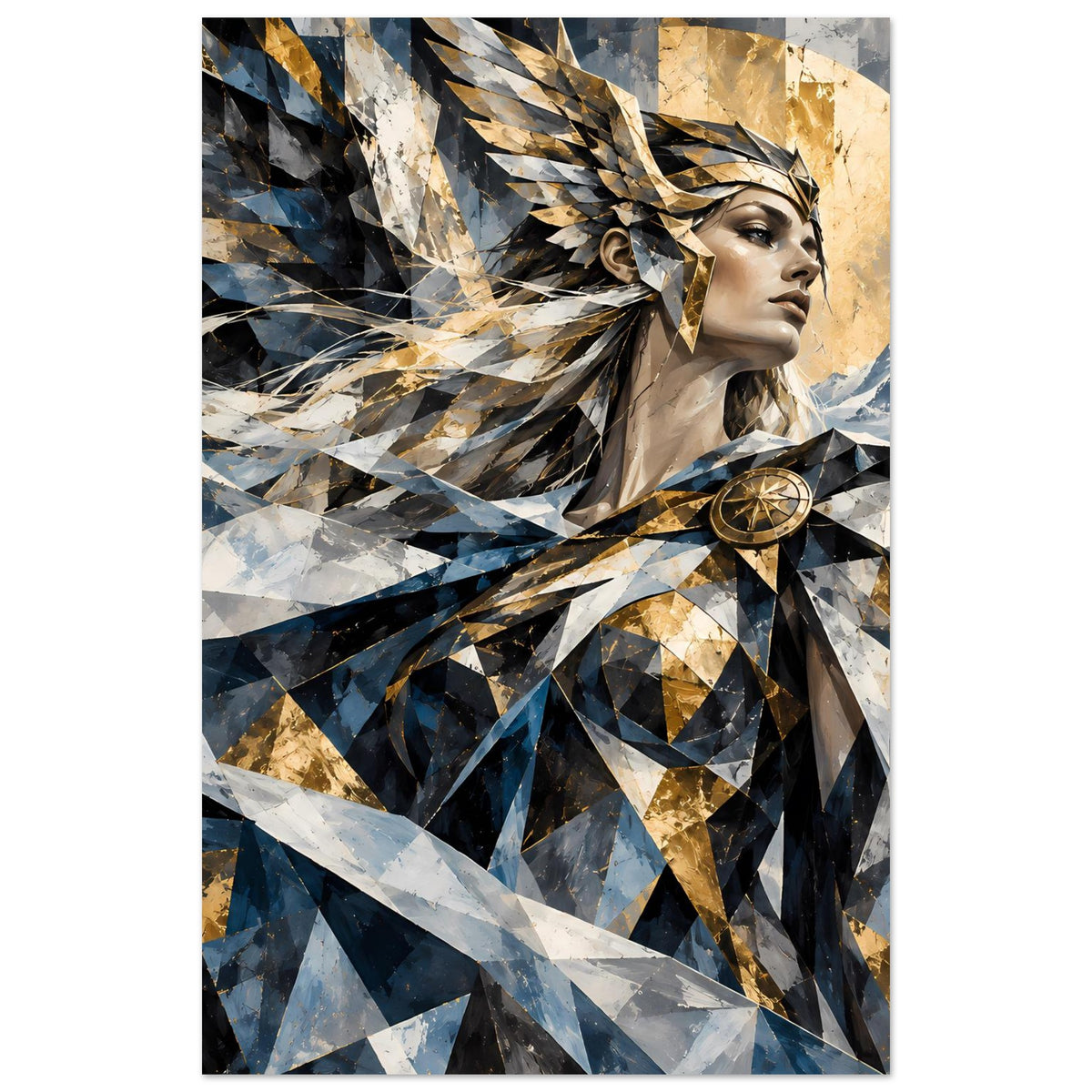 Geometrisches Poster, Frauenprofil im Profil, blau-goldene Dreiecksoptik und Flügelornamenten
