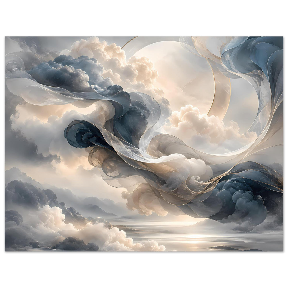 Abstraktes Himmelsposter im Hochformat: weiße Wolkenringe, blaue Tiefen, Sonnenaufgang