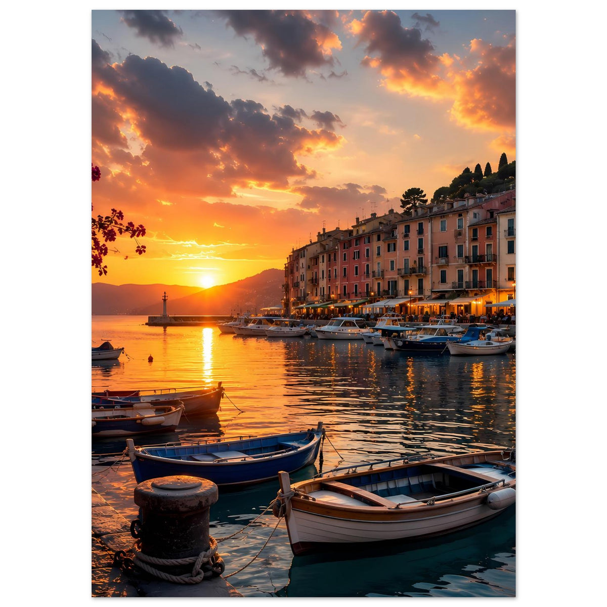 Poster mit Sonnenuntergang am Hafen, Boote und Spiegelung im Wasser