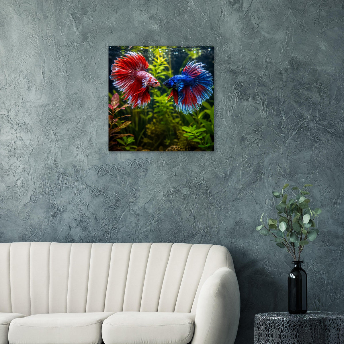 Quadratisches Poster mit rot-blauem Kampffischpaar und Unterwassergrün