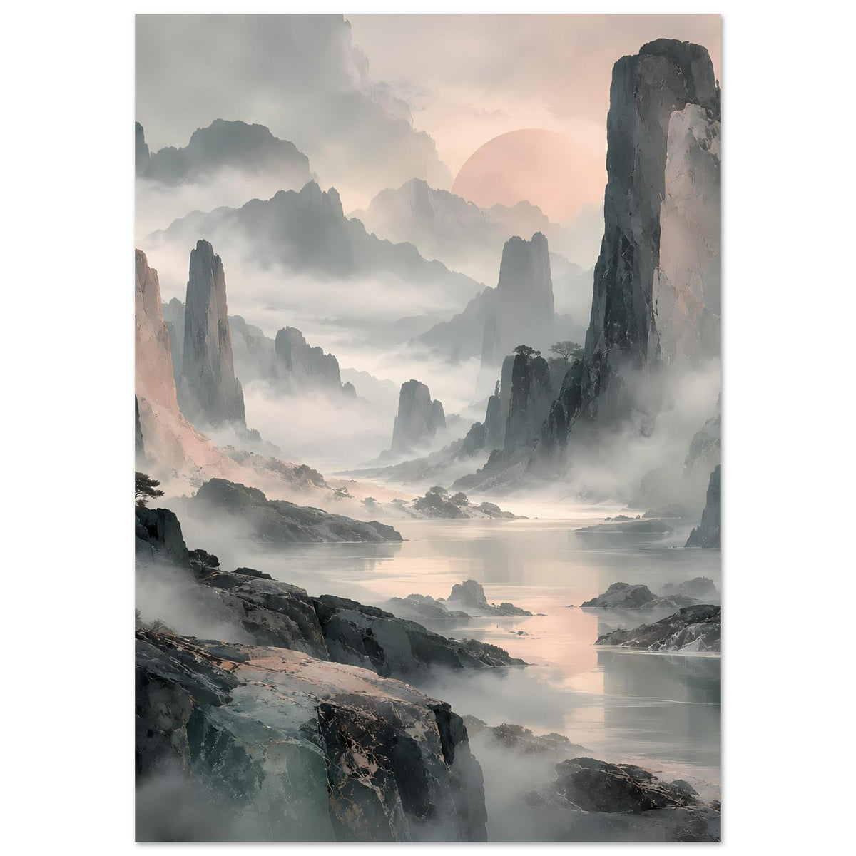 Gerahmtes Hochformat-Poster: neblige Berge und heller Horizont in Pastelltönen