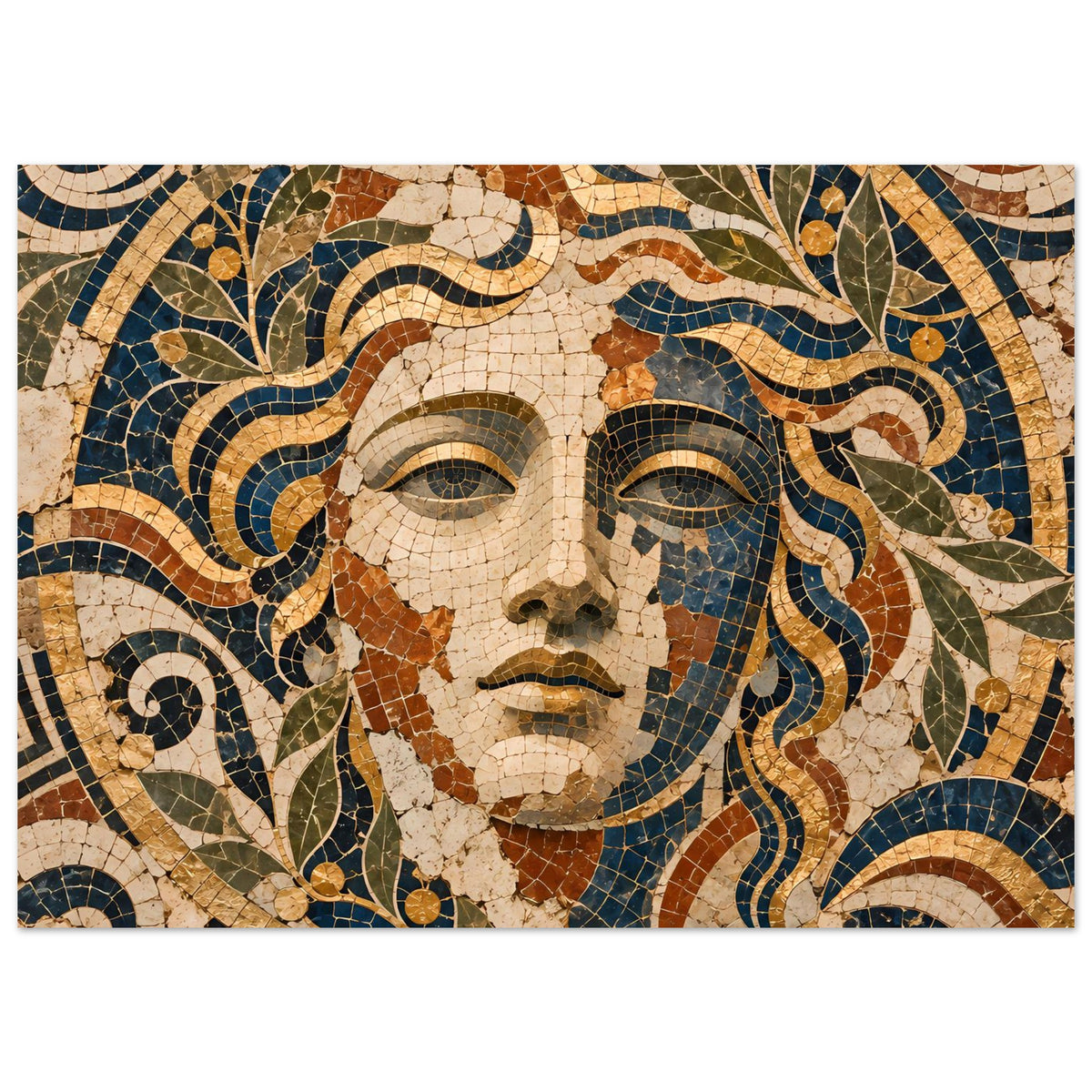 Mosaik-Göttin Poster mit Gesicht, aus vielen Kachelsteinen in mediterranen Farben