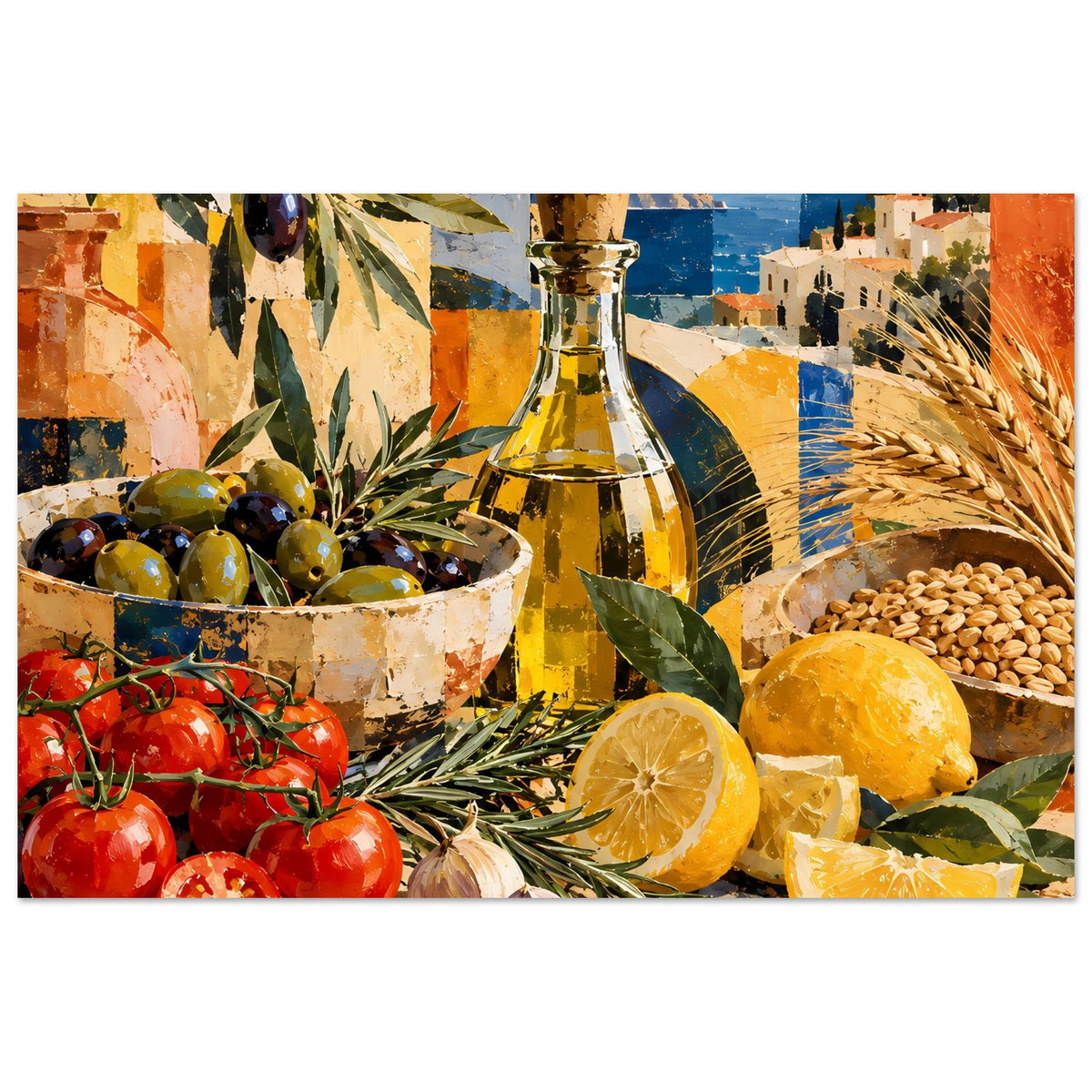 Kunstposter Stillleben mit Ölgflasche, Oliven, Tomaten, Zitronenhälften und Körnerhaufen