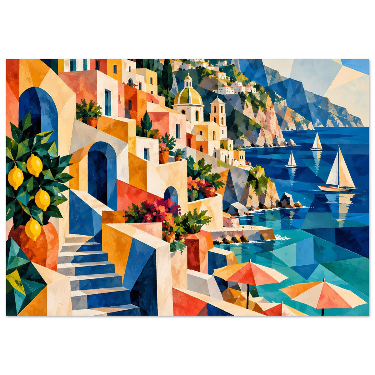 Kunstdruck: mediterrane Küste mit Treppe, bunten Gebäuden, blauem Wasser und Segelbooten