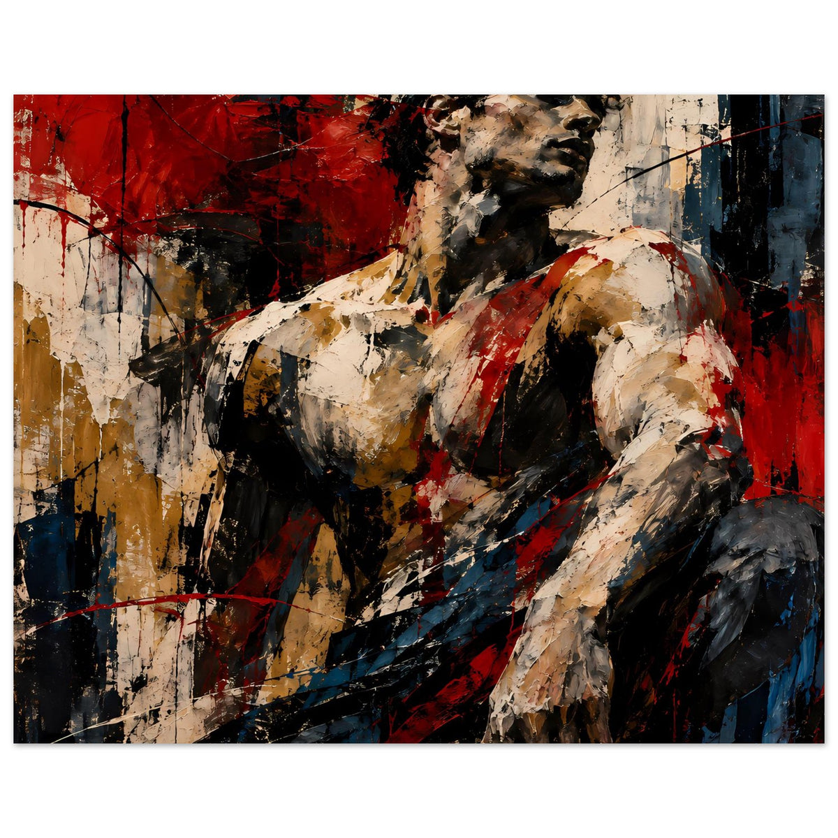 Abstraktes Muskelkunst-Poster im Querformat, Porträt mit Schwarz-, Rot- und Blauelementen
