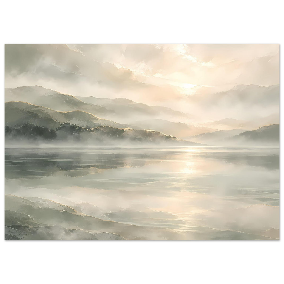 Kunstdruck Poster mit Landschaft aus Bergen und ruhigem See, Dunst und Sonnenaufgang im Querformat