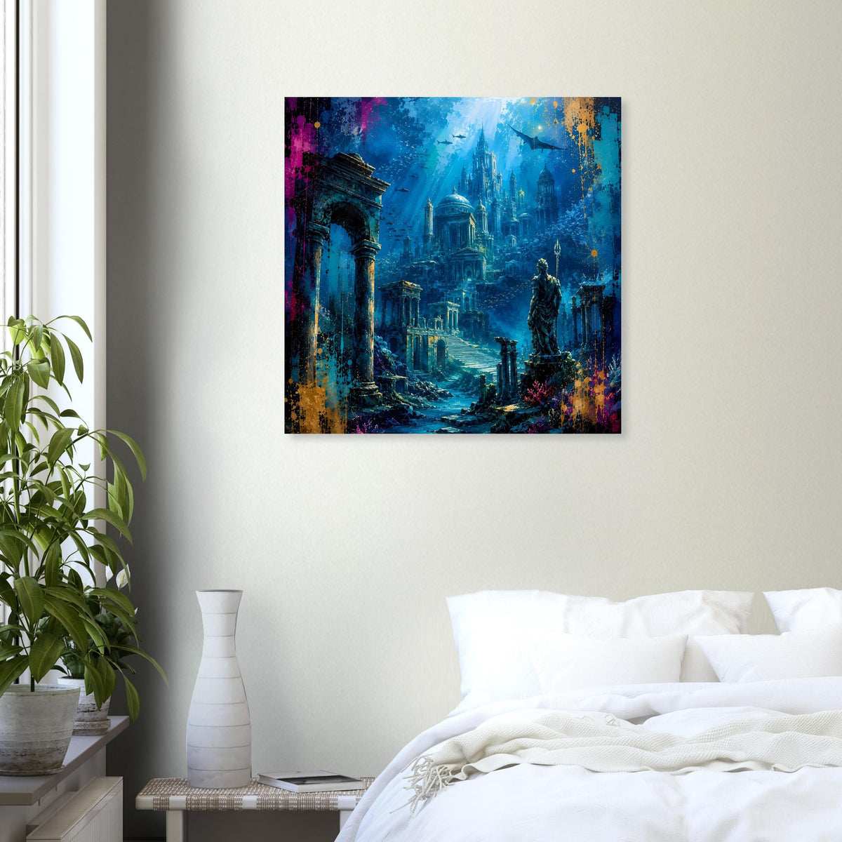 Quadratisches Poster mit Unterwasserstadt Atlantis, düsteren Ruinen und blauem Licht