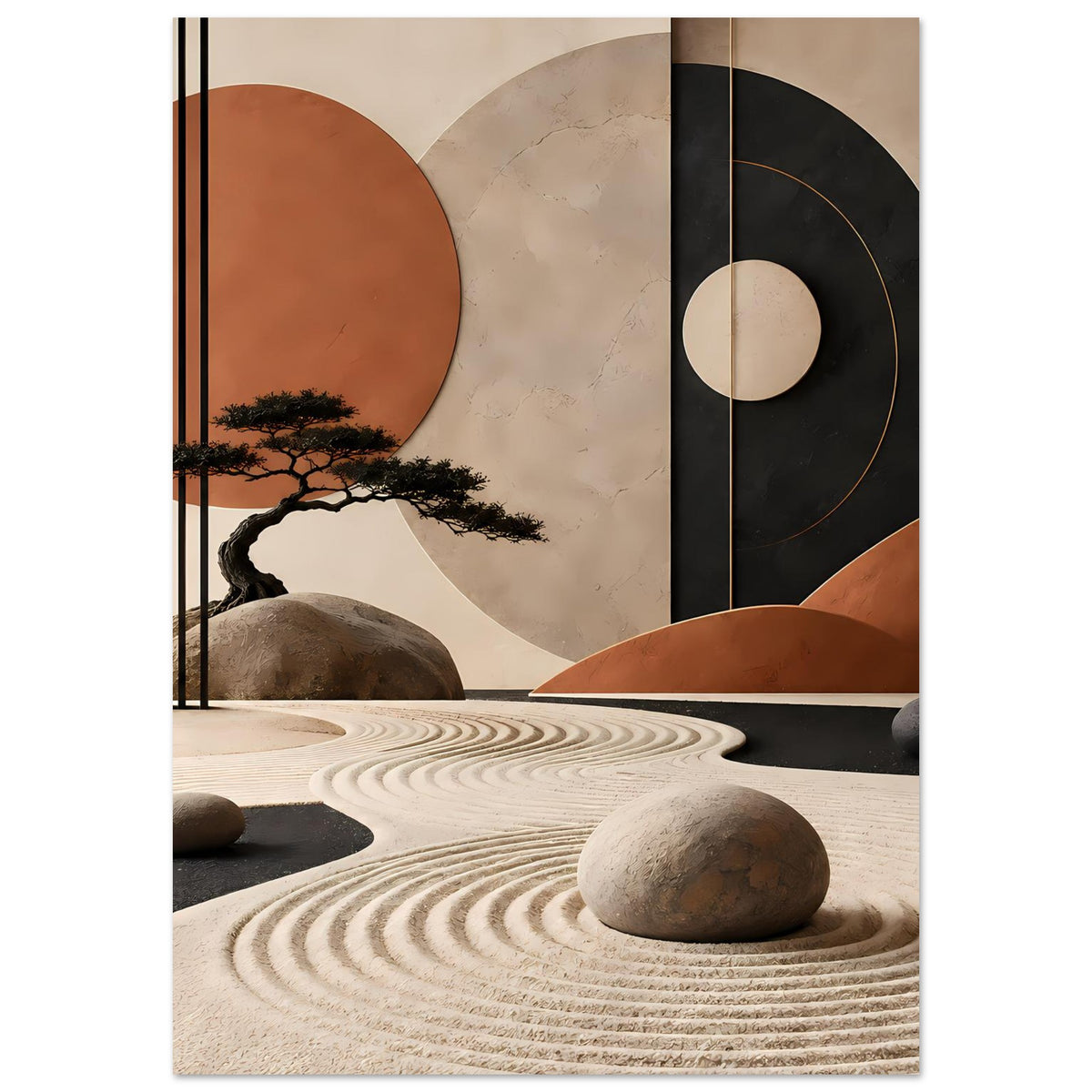 Abstraktes Poster: große Kreisflächen, Baum-Silhouette, Steine und Spiralwellendesign
