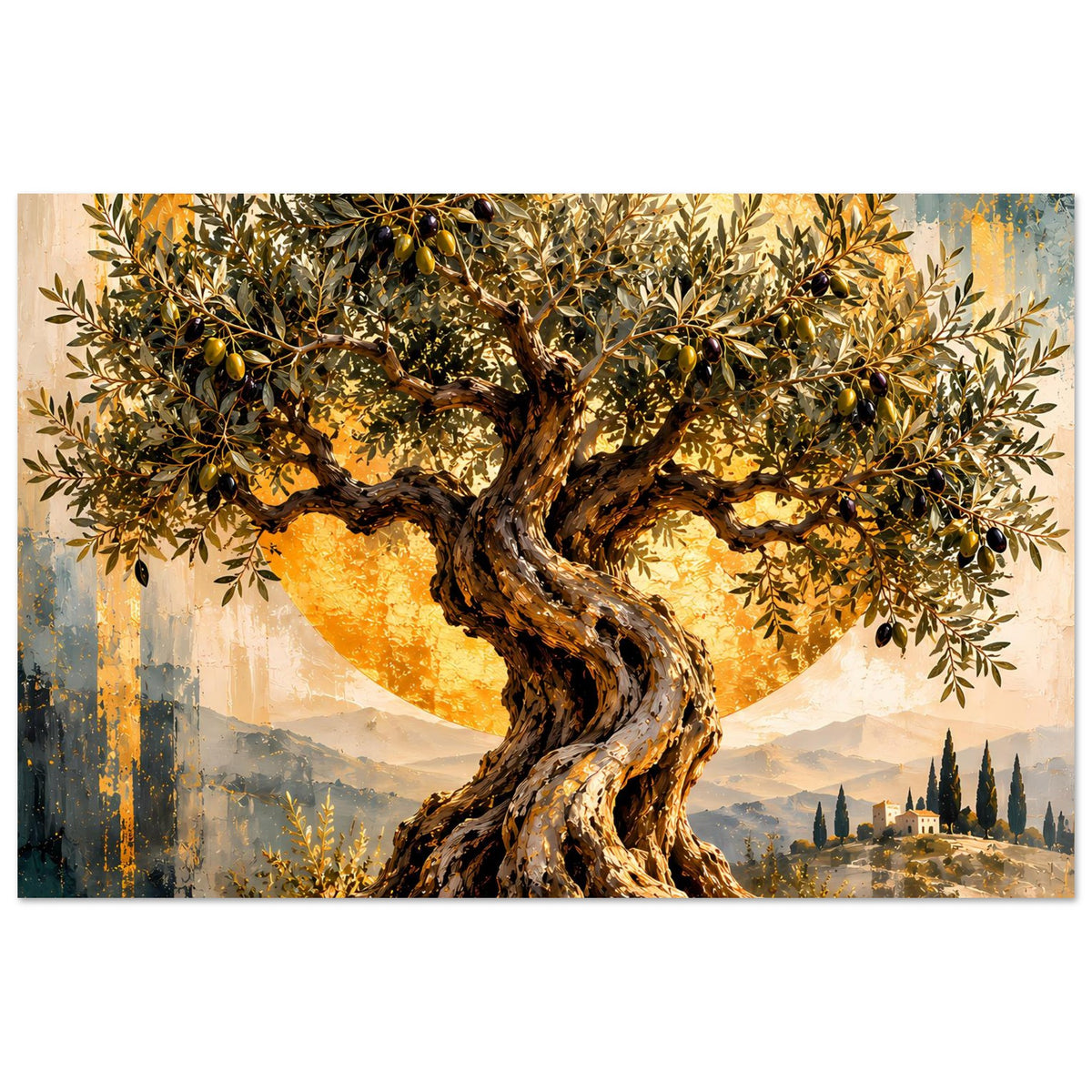 Wandposter mit Olivenbaum, reich verzweigt, goldene Blätter und Sonnenlicht im Hintergrund
